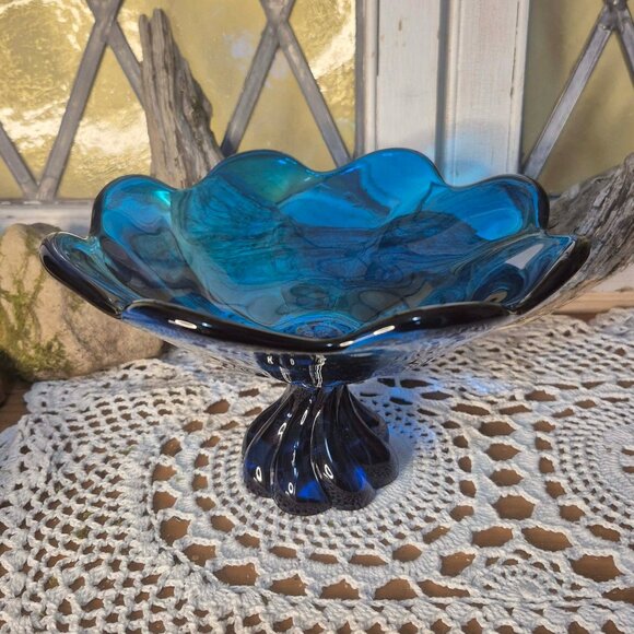 VIKING Vintage Blue Glass Pedestal Bowl - Picture 4 of 11
